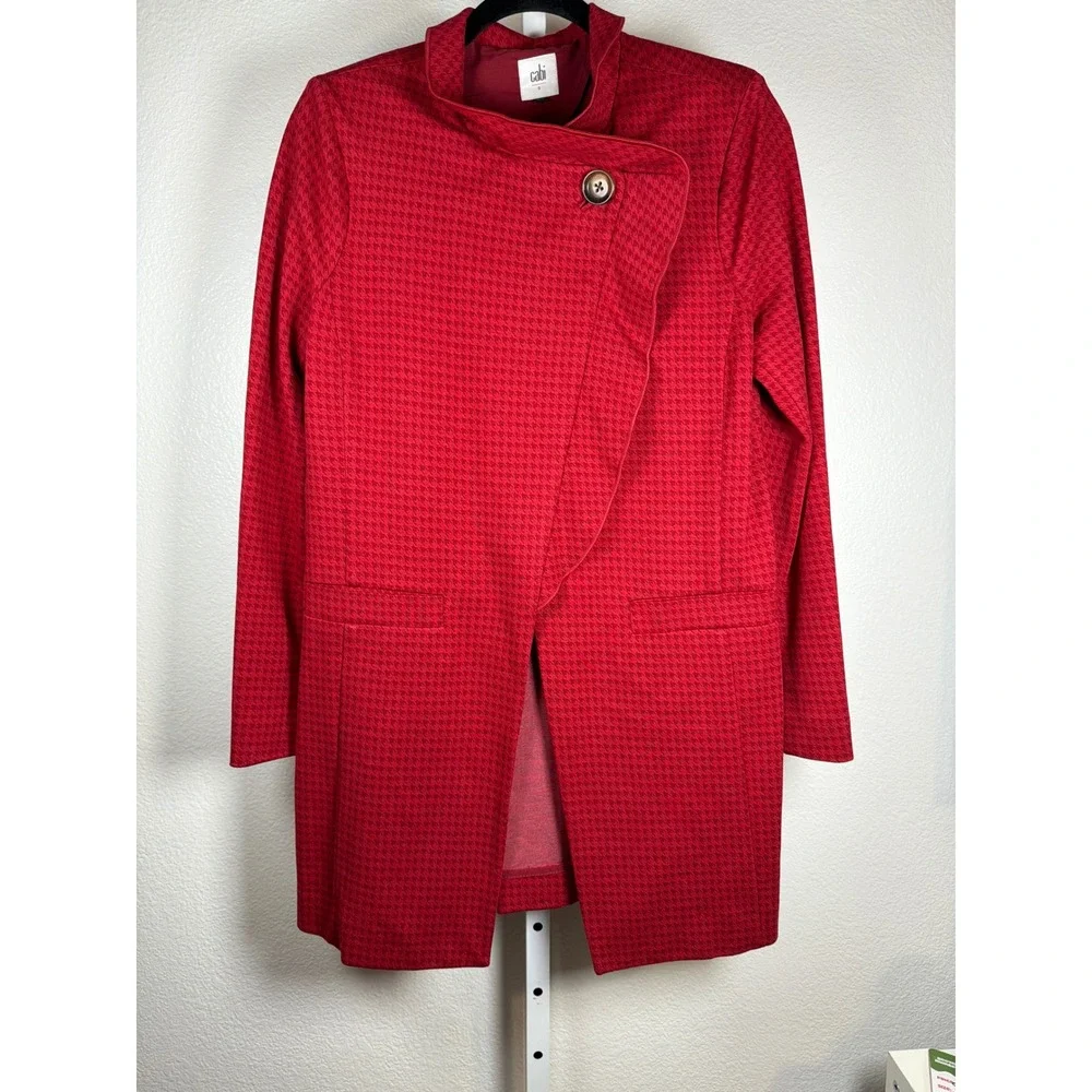 Cabi Red Houndstooth‎ Asymmetrical Button Jacket Blazer Size S